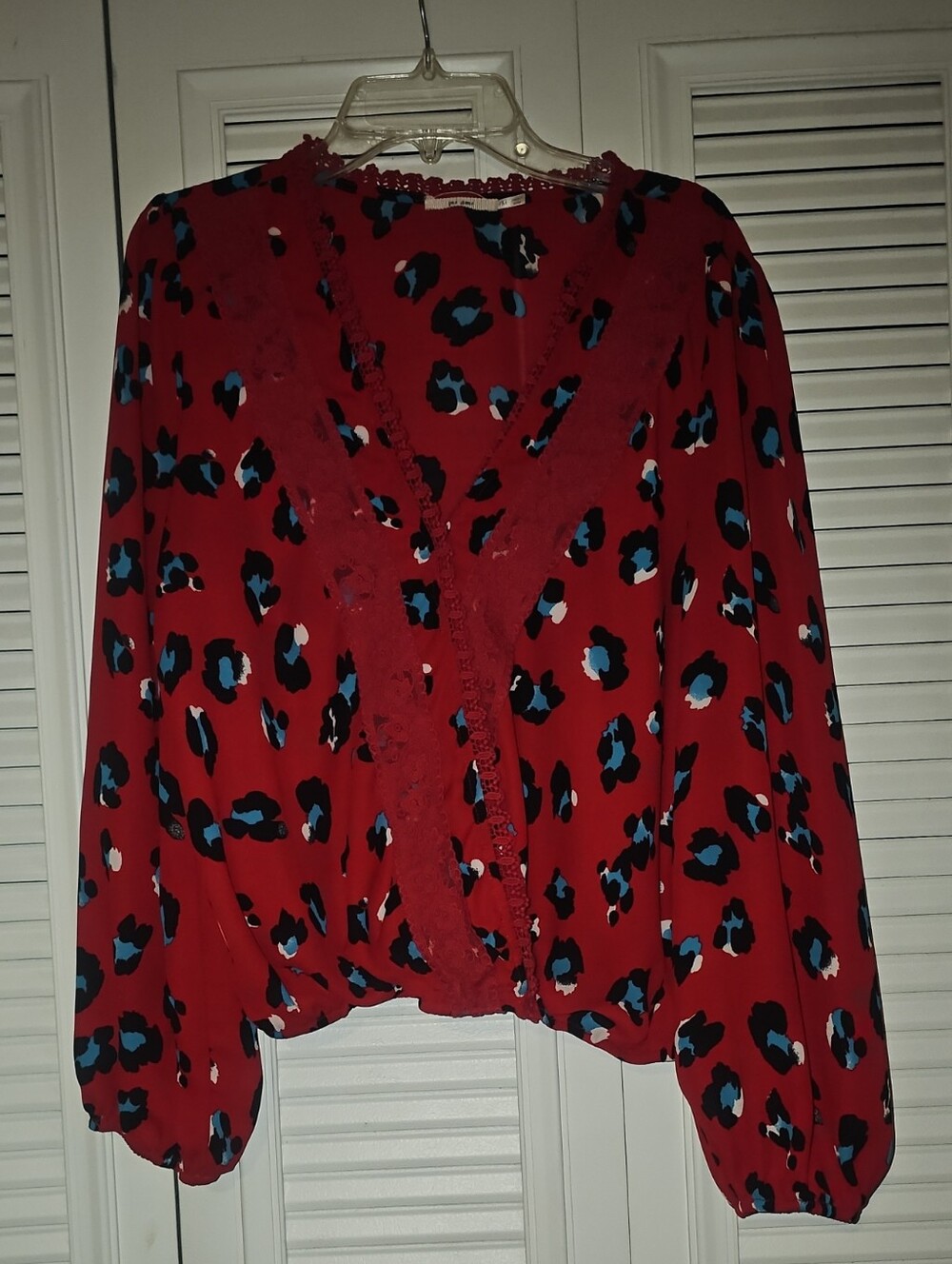 miami Red Leopard Print V-Neck Blouse with Blue and Black Accents